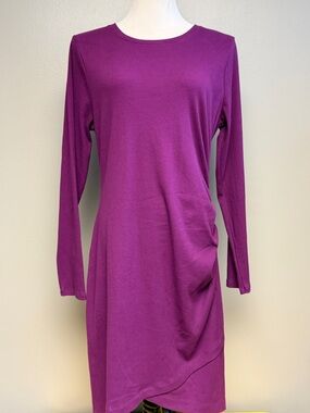 Nine West Purple Long Sleeve Dress XL Ruched Stretch Cotton Blend
